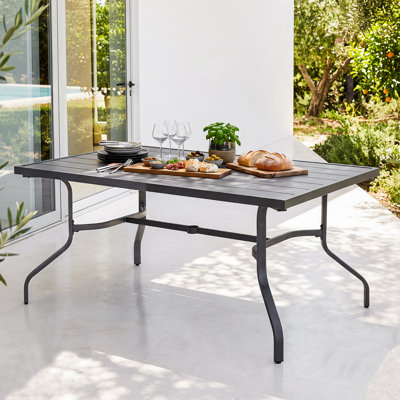 Table de salle à manger rectangulaire extérieure en métal avec trou pour parasol, revêtement en poudre