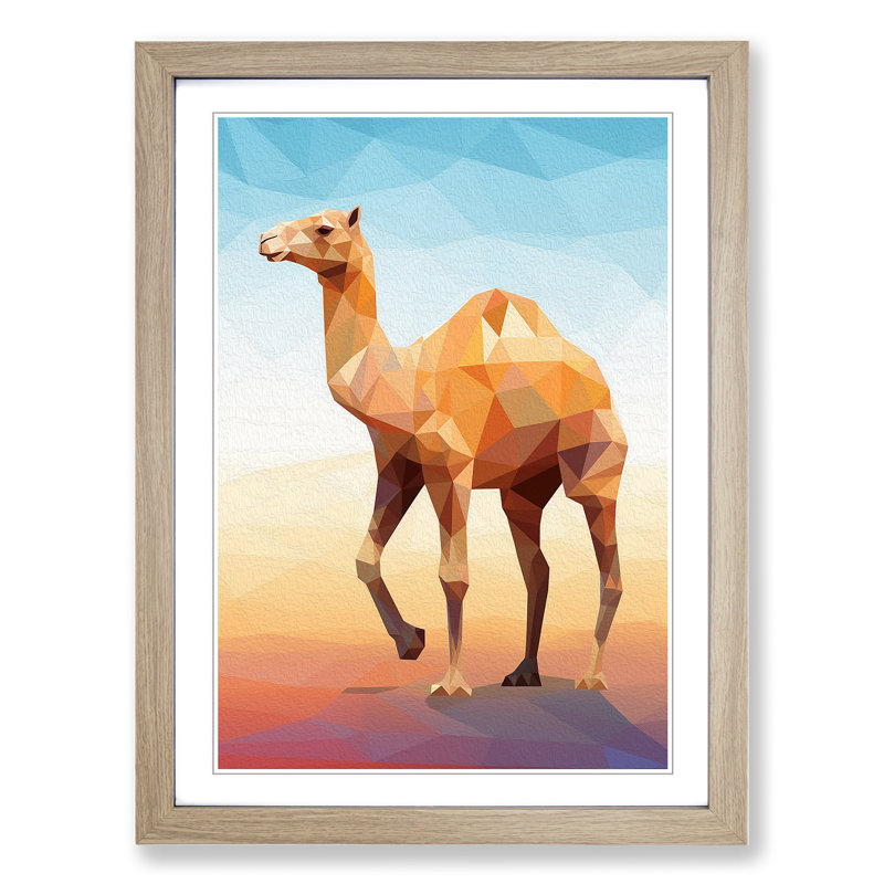 Camel Geometric - Single Picture Frame Print on Wood, Oak Framed, 46cm H x 34cm W x 2cm D