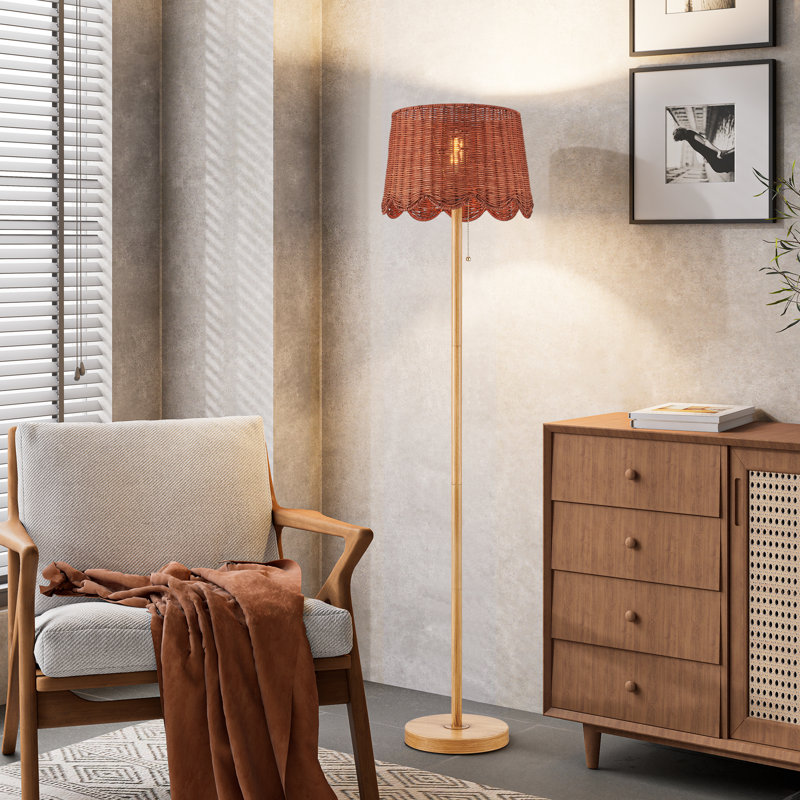 62.5" Farmhouse Faux Wood Floor Lamp with Rattan Shade