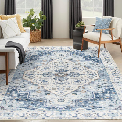 Tapis lavable Adecor 5 x 7, tapis floral vieilli rétro pour le salon, grand tapis antidérapant doux antidérapant pour chambre à coucher, salle à manger, couloir, bureau, entrée - bleu