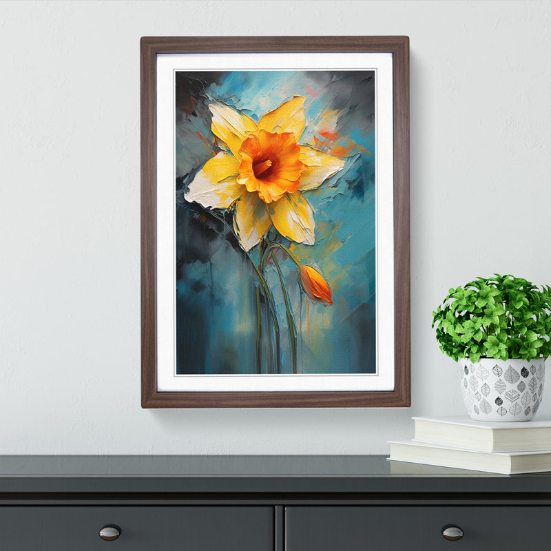 Daffodil Flower Expressionism No.2 - Single Picture Frame Print on Wood, Walnut Framed, 64cm H x 46cm W