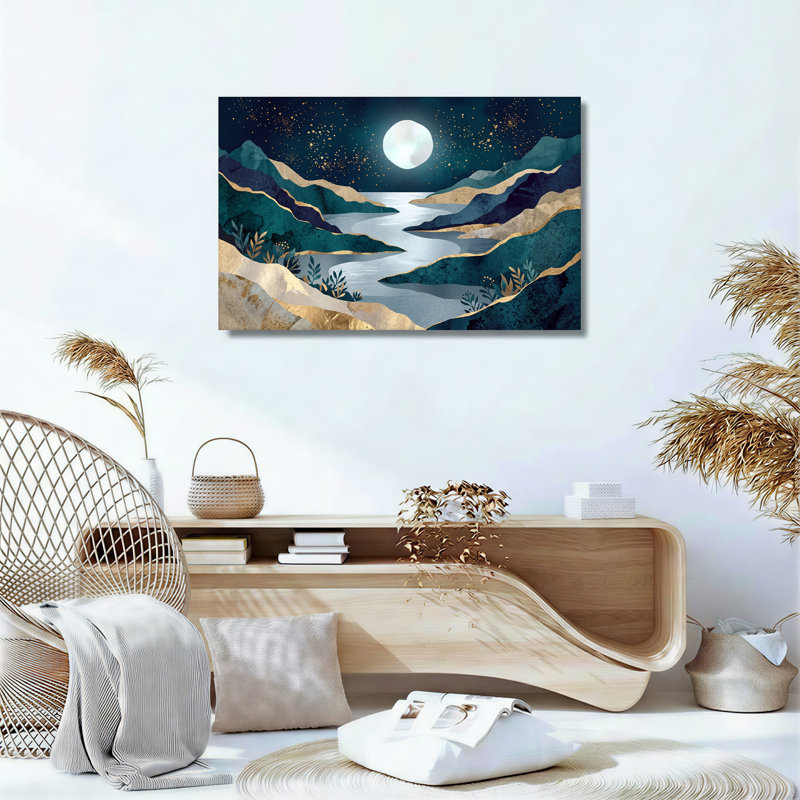 Art mural sur toile bleu sarcelle avec feuilles dorées et lune, H 36 po x l 48 po