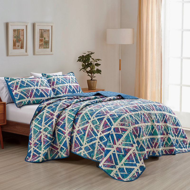 Ensemble de couvre-lit réversible à motif géométrique bleu et mauve, grand, Couvre-lit de grande taille et 2 taies décorative