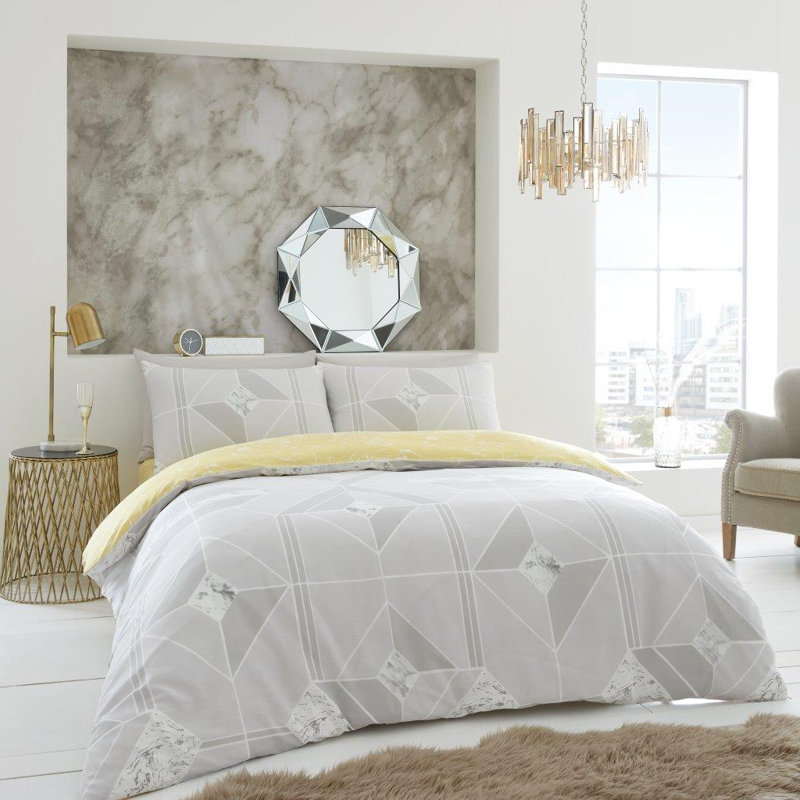 Satin Geometric Shapes Duvet Cover Set with Pillowcases, Kingsize Duvet Cover - 2 Standard Pillowcases, Grey