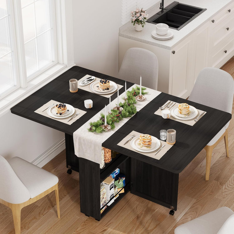 Modern Drop-Leaf Folding Dining Table with Drawer, Storage Shelf, and 6 Casters – Extendable Space-Saving Table for Small Apartments, Kitchens, and Multi-Purpose Rooms