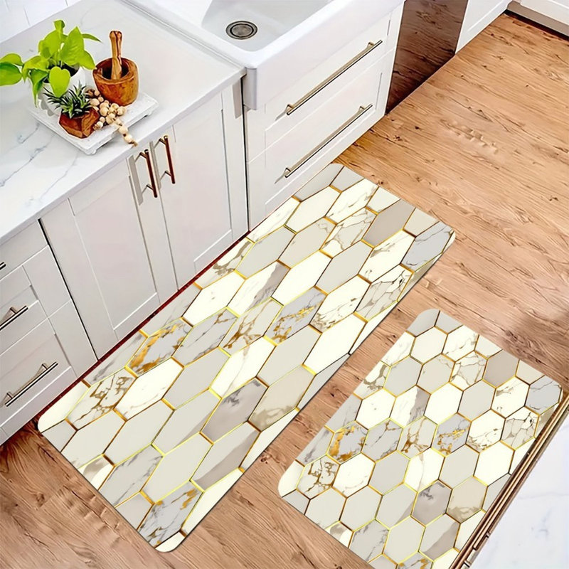 Marble Hexagon Pattern, 2 Pcs Non Slip Kitchen Mats