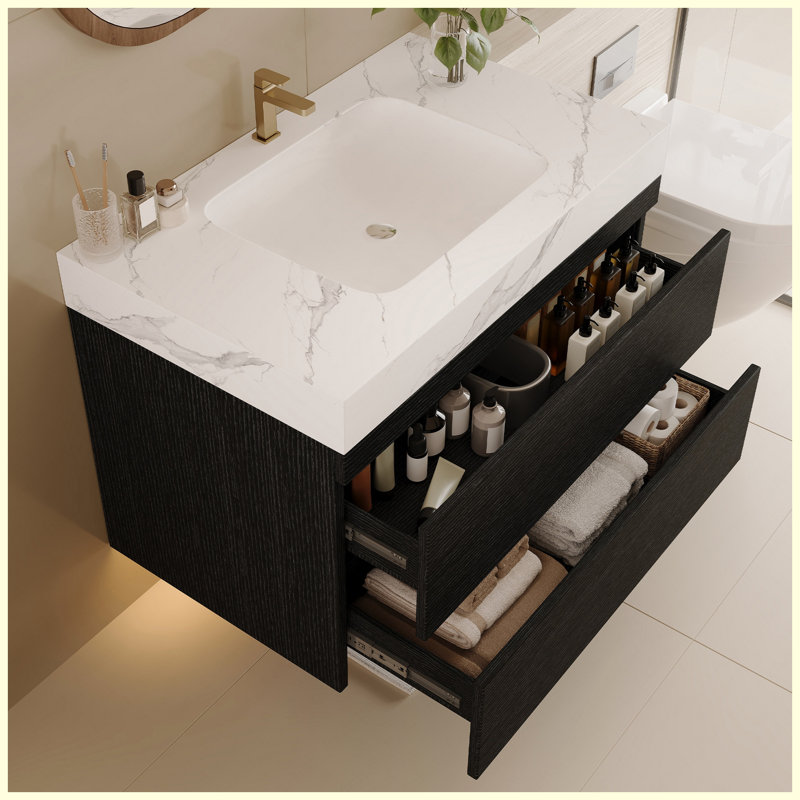 Meuble-lavabo flottant mural moderne 30 po avec comptoir en faux marbre et lavabo encastré en céramique