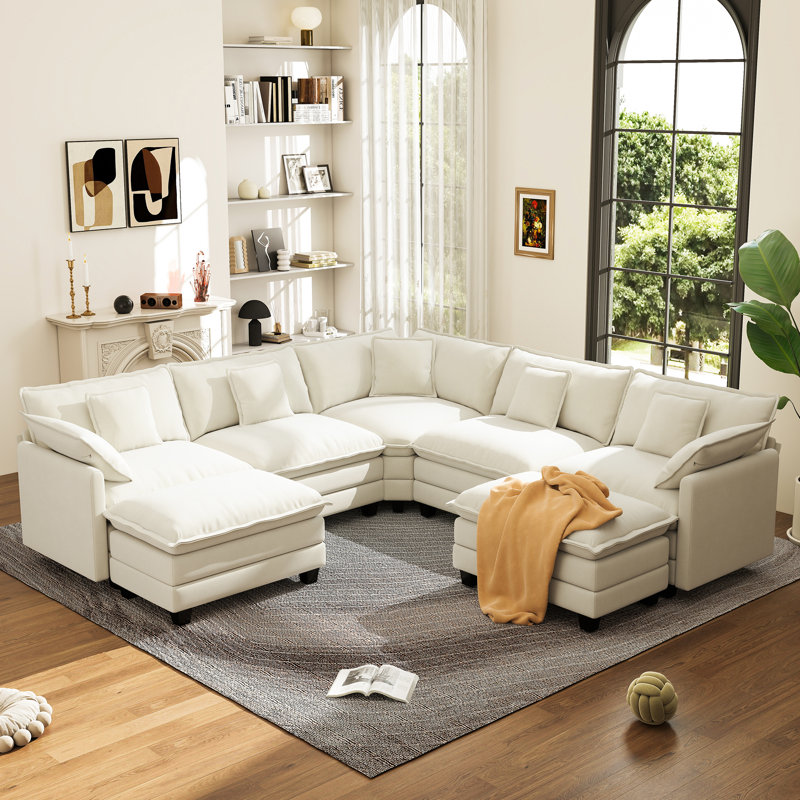 George 111.5" Modern 7 Seat Chenille L Shaped Modular Sectional Sofa With Two Ottomans, Beige Chenille