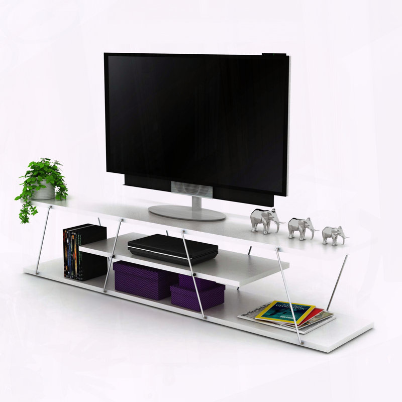 Meuble télé 68 pouces Mid-Century 68 po avec 4 tablettes ouvertes, Blanc / argenté