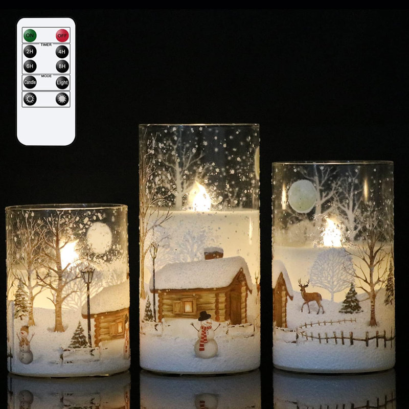 White Christmas Glass Flickering Flameless Candles Battery Operated With 10-Key Remote And Timer Set Of 3 Real Wax Holiday LED Window Pillar Candles(Snowman Decal, 3 X 4, 5, 6 Inches)
