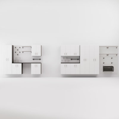Flow Wall 53 Piece Slatwall Panel, Shelf, Bin, Hook & Workstation Storage Set - White Slatwall / White Cabinets