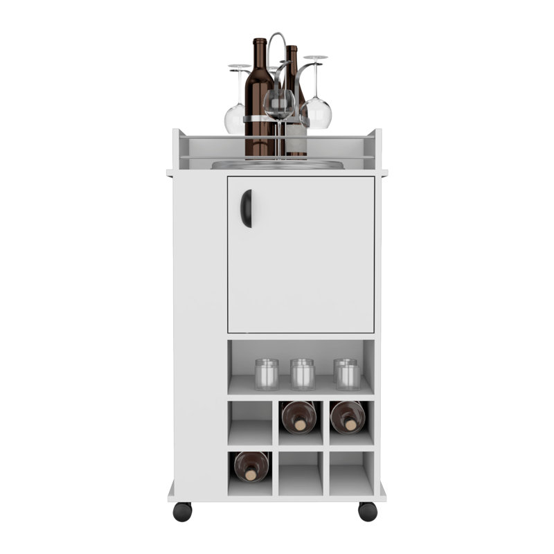 Bar Cart with 6 Built-in Wine Racks, Single-Door Cabinet, and 2 Open Shelves, White