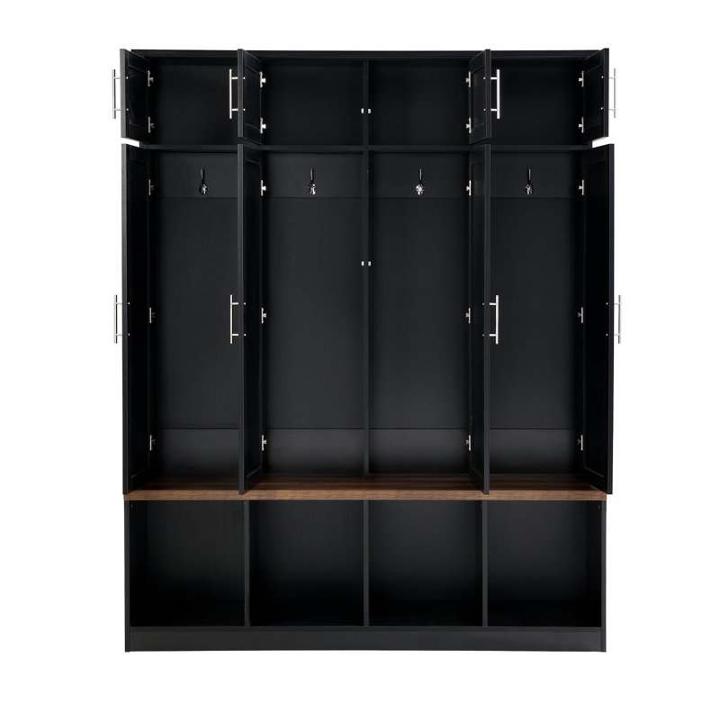 Versatile Hall Tree With 4 Hanging Hooks, Brown Wood Grain Bench With Multiple Storage Space, Entryway Cabinet With Open Compartments For Living Room, Hallway