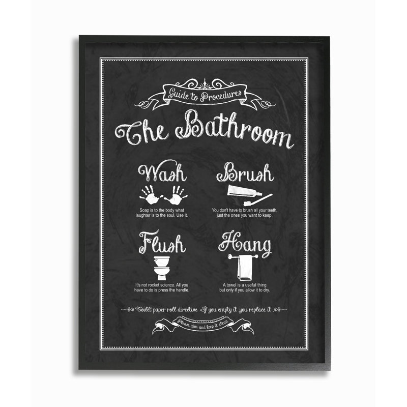 "Guide to the bathroom icons", art textuel encadré, H 14 po x l 11 po, Giclée encadrée noir minuit