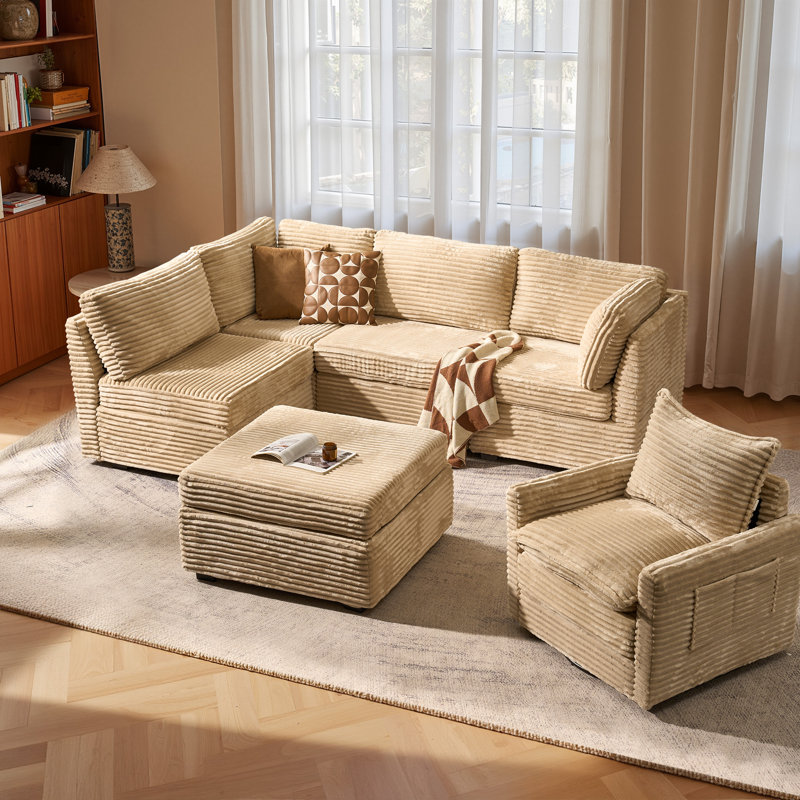 Ensemble de canapé modulaire en L 6 pièces en velours côtelé moelleux avec fauteuil pivotant et repose-pieds Hogle, Beige
