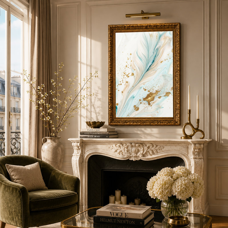 Art mural sur toile blanc et bleu beige avec éclaboussures dorées, H 30 po x l 20 po