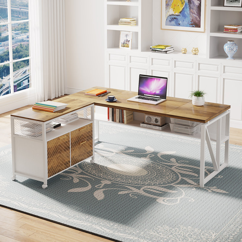 Bureau de direction et classeur latéral 2 pièces Lympsham, H 29 po x l 63 po x P 55 po, Noyer/blanc