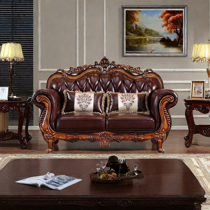European-style Living Room Carved Sofa. 73.2'' Leather Loveseat