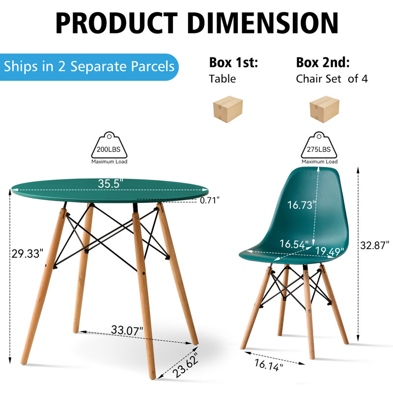 5-Piece Round Dining Table Set for 4, 35.5” Kitchen Table with Chairs, Solid Wood Legs, Plastic Seats, Green, Green, Green