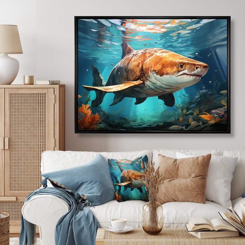 " Grey Teal Shark Underwater Symphony ", 12" H x 20" W, Black Floater Framed