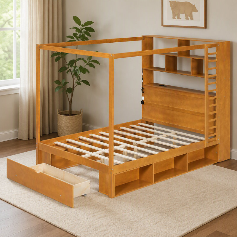 Lit à baldaquin en bois (taille standard) avec tête de lit bibliothèque, prises USB et éclairage DEL RVB intelligent, Walnut