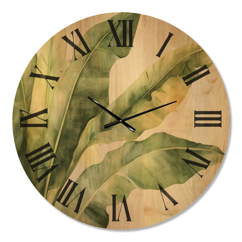 Horloge murale en bois silencieuse Banana Leaf Calm - Motif tropical sans tic-tac, Très grand