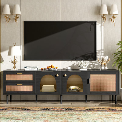 Meuble télé en rotin avec 3 armoires et 2 tiroirs, centre de divertissement à DEL pour téléviseur de 80 po ou moins, console multimédia moderne et durable