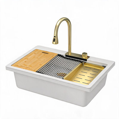 Évier de cuisine à cuve unique de 84 cm (33 pouces) en composite de granit et quartz blanc, avec robinet extractible et design en cascade