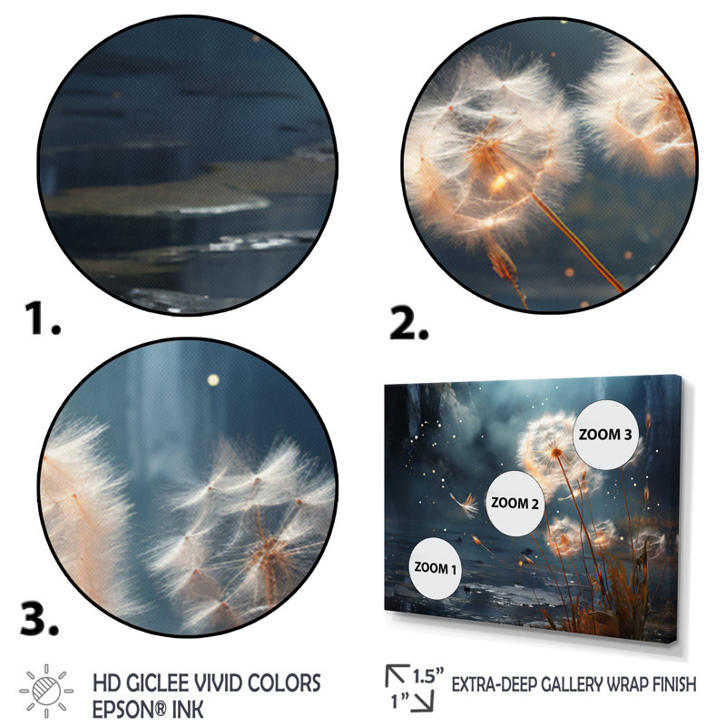 Dandelion Dreams Flight - Floral Canvas Wall Art, H 24 po x l 32 po x P 1 po, Cadre flottant doré