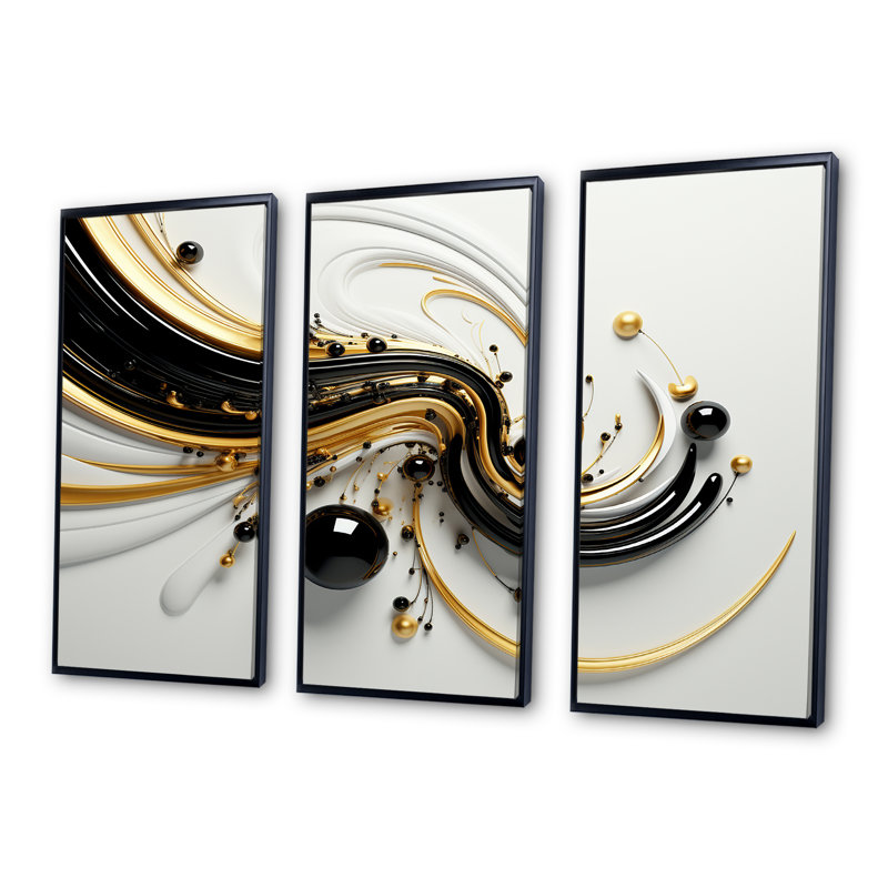 Minimal Black Core Golden Wave - ensemble de décorations murales spirales abstraites, Cadre flottant noir