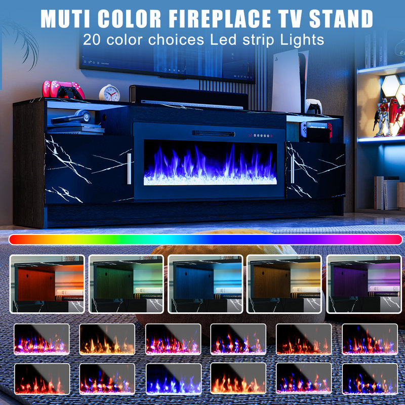 70" Electric Fireplace TV Stand for 80'' TV-Entertainment Center with 36'' Fireplace and Led Light-TV Table with Storage, High Glossy Door, Modern TV Console for Living Room, Crystal Marble