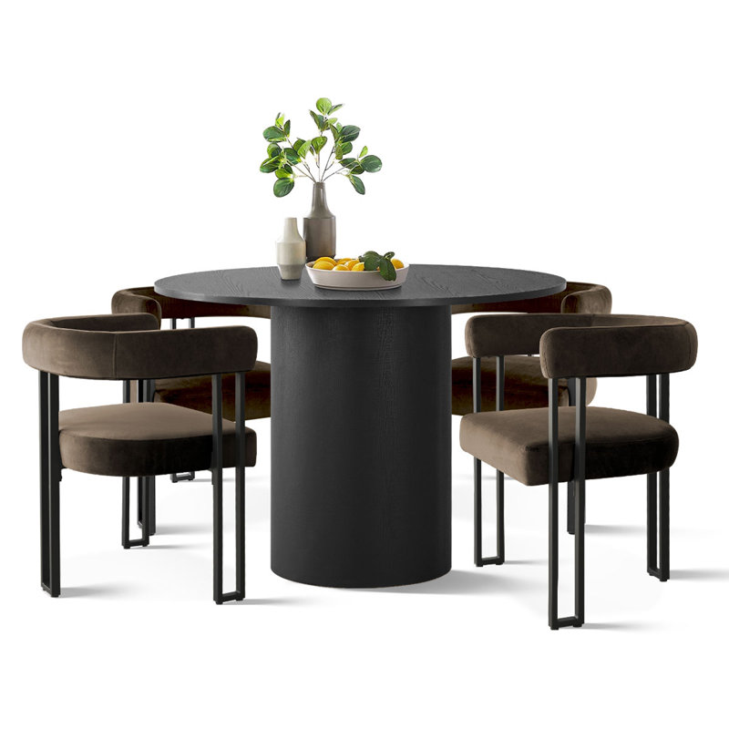 5-Piece Round Dining Set with Velvet Chairs, Mink