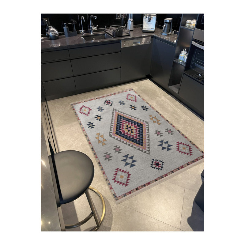 Tapis décoratif beige multicolore à motif frangé et lavable à la machine, Rectangle 3 pi 3 po x 4 pi 11 po