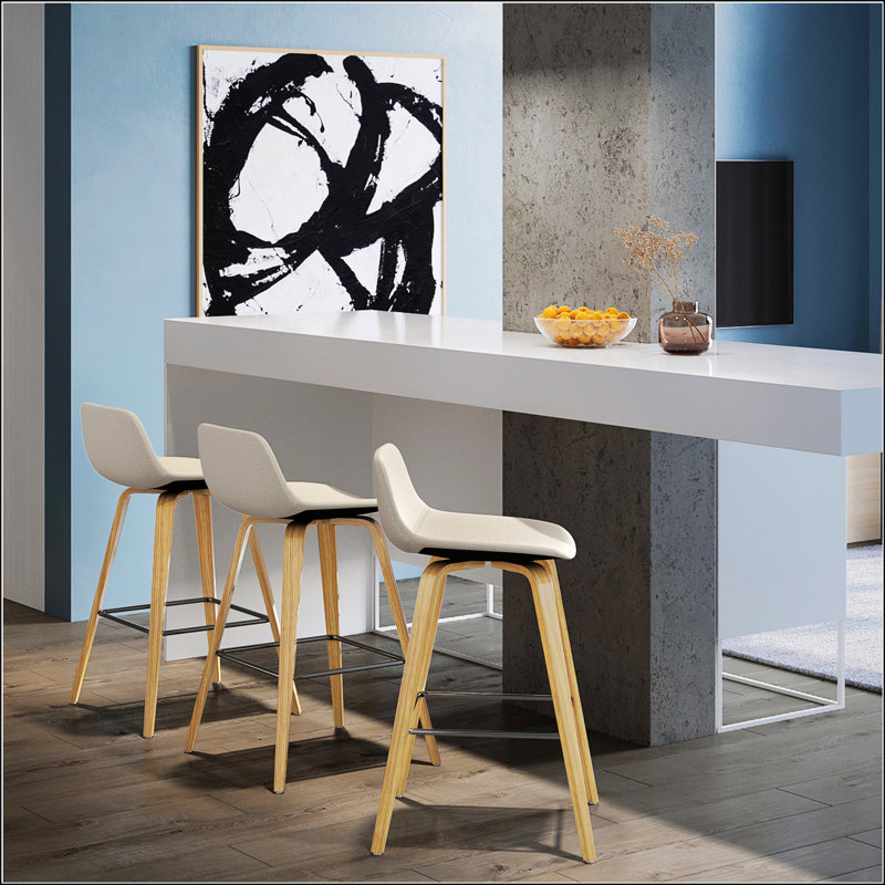 Ensemble de tabourets à hauteur de comptoir / bar Harvard, design Mid-Century moderne avec sièges incurvés confortables et revêtement en lin naturel