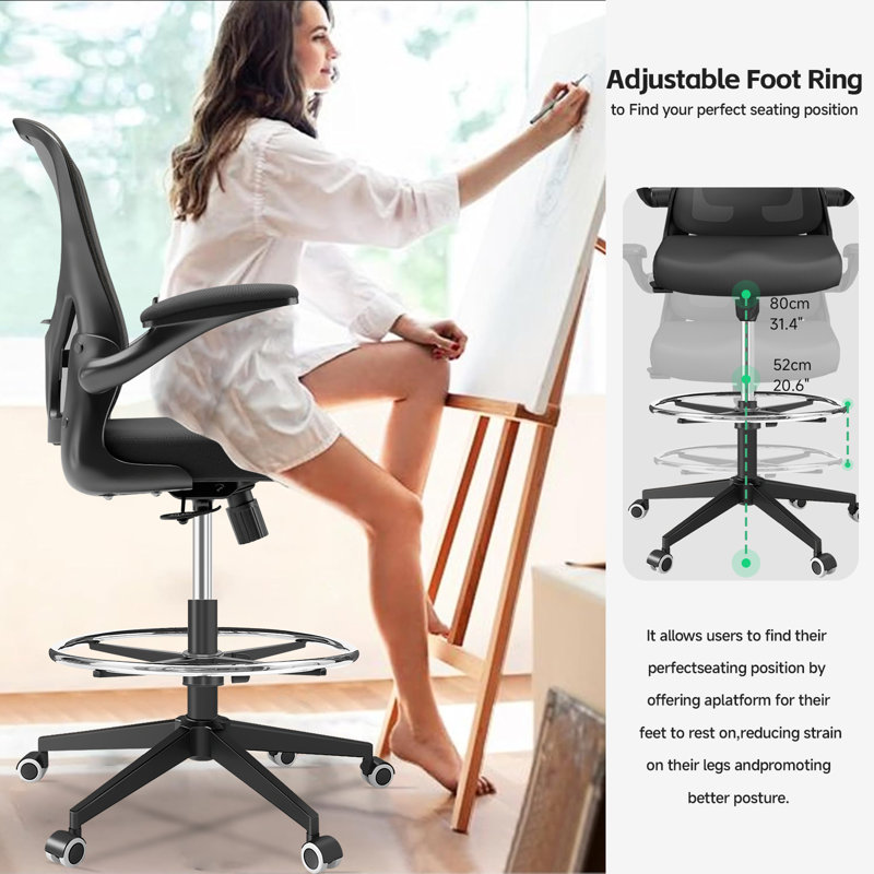 Fauteuil de dessinateur ergonomique en filet, grand fauteuil de bureau ergonomique, tabouret de bureau réglable, fauteuil de direction avec anneau repose-pieds et soutien lombaire noir