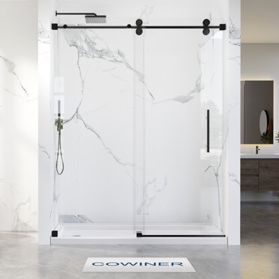 Porte de douche coulissante simple sans cadre de 66 à 72 po x H 76 po en noir mat avec verre trempé transparent de 8 10 mm 3/ de 3/8 po
