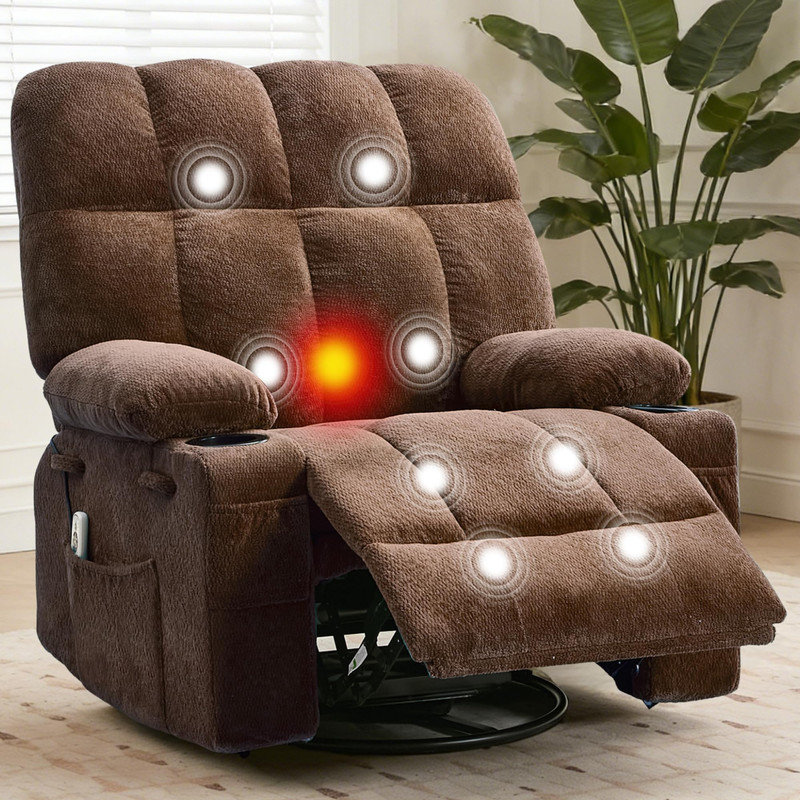 Fauteuil inclinable à bascule surdimensionné avec chaleur et massage - pivotant, inclinable et relaxant, Brun
