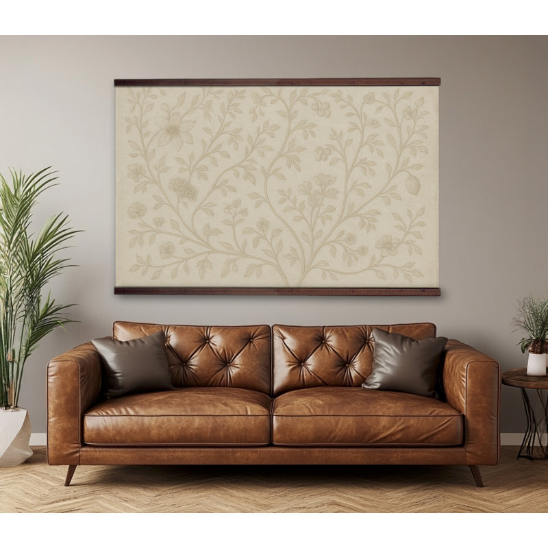 Tapisserie botanique neutre - toile florale beige avec cintre en bois, H 32 po x l 48 po