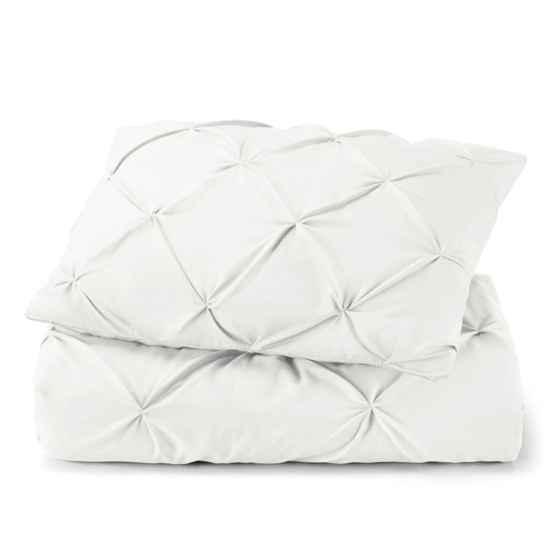 Double Brushed Pleated Duvet Cover Set, White, Twin Duvet Cover + 1 Standard Pillowcase