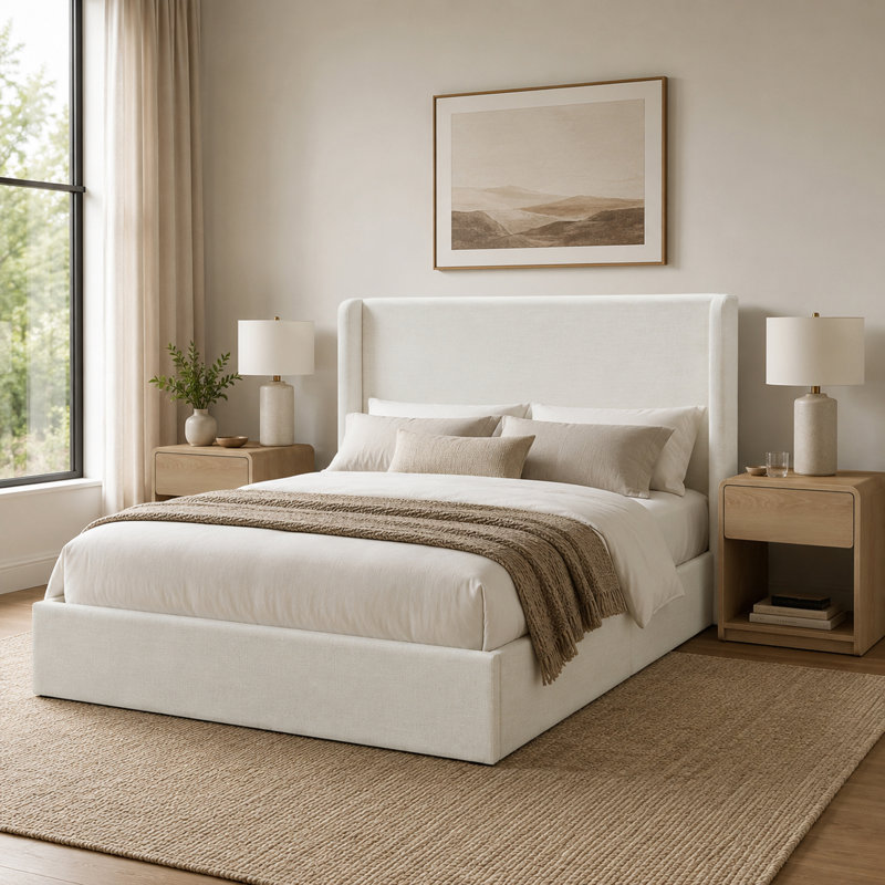 3-PieceBedroom Set - Upholstered Platform Bed with 54" Wingback Headboard &2 Rattan Nightstandwith Door Open Shelf