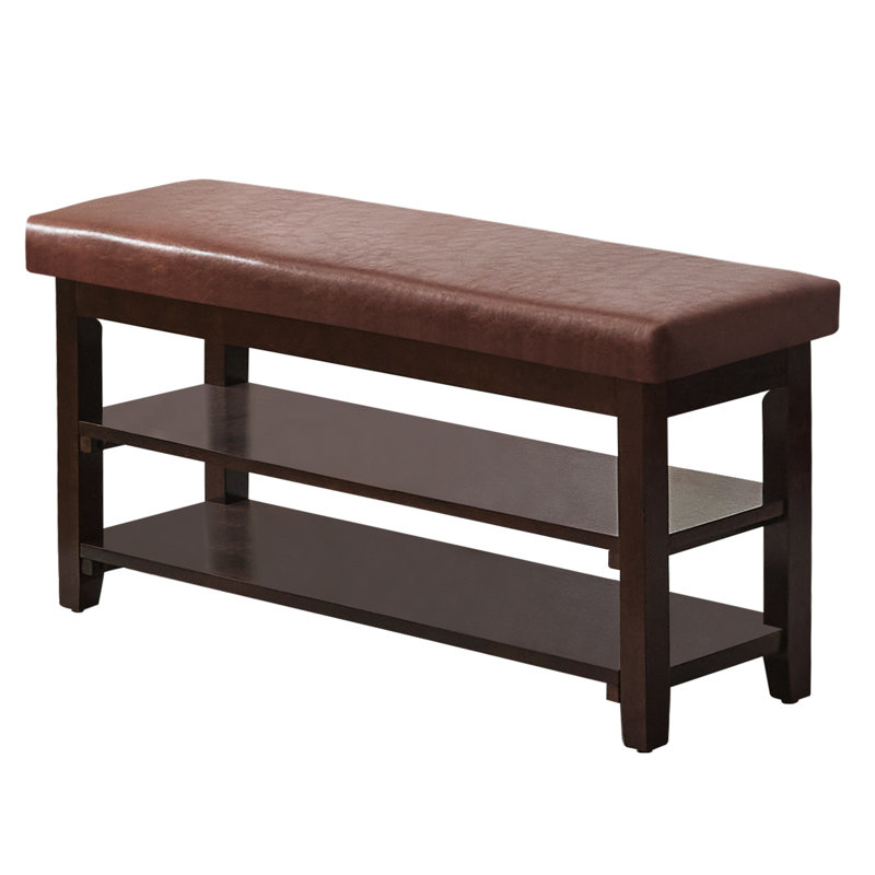 40" Solid Wood Shoe Bench with Cushion, 2-Tier Entryway Storage Bench, Brown