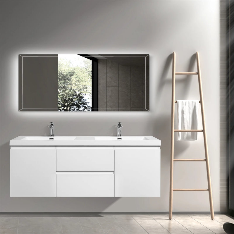 Meuble-lavabo double mural 59 po avec plateau en résine Stone Carol-Ann, Blanc lustré, Blanc