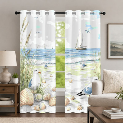 2Pcs Coastal Seagulls and Sailboat Pattern Curtains, Nautical Style Curtain, Scenic Seaside Landscape Printed Art Grommet Drapes, Window Treatment for Bedroom Living Room Decor