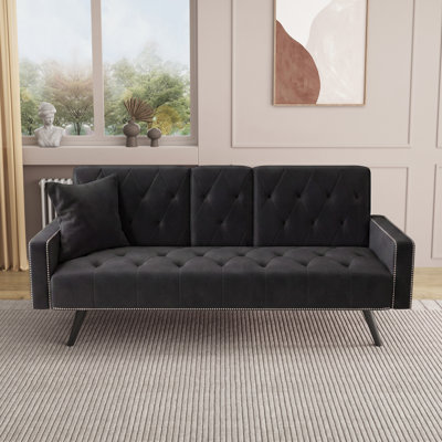 Black Sleeper Sofa, Convertible Sleeper, 72", Velvet, Cup Holders, Upholstered, for Living Room