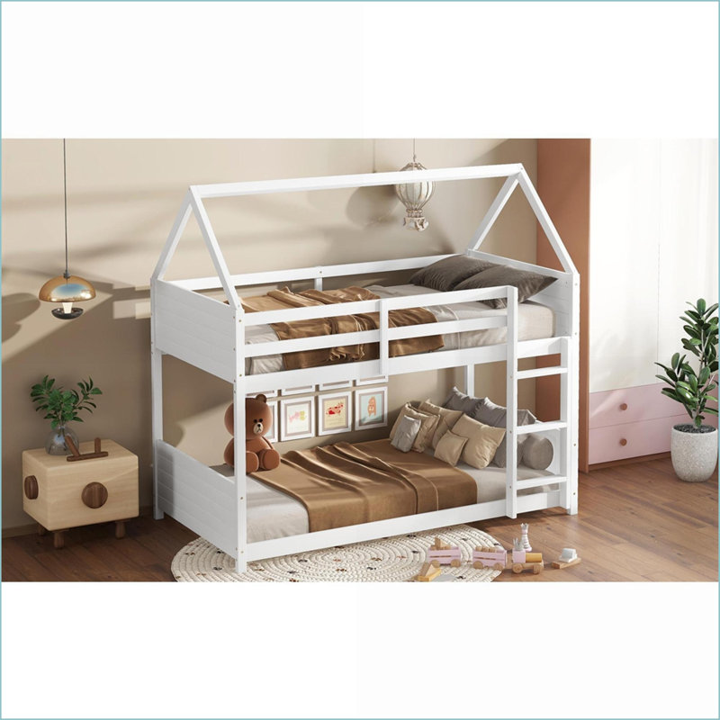 Twin Over Twin Rubber Wood House Bunk Bed - Guardrails, No Box Spring Needed, White, White