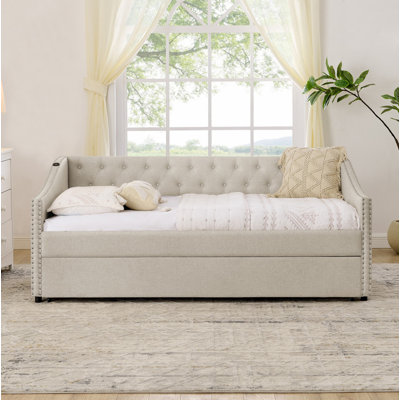 Twin Size Daybed with USB Charging & Pull-out Extendable Bed, with Button on Back and Copper Nail on Waved Shape Arms (81"x42"x30.75")