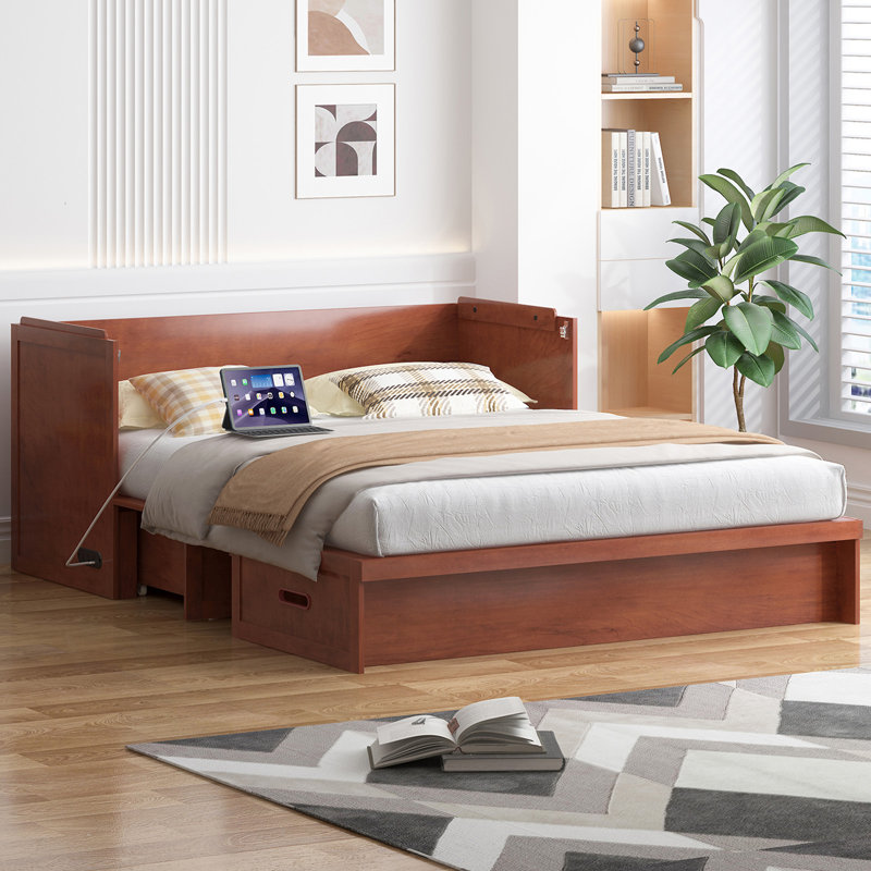 Grand lit escamotable Murphy avec grand tiroir de rangement et chargement USB, cerisier, Rouge