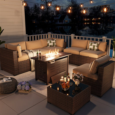 6-seater Wicker Patio Conversation Set With Cushions, 44" Fire Pit Table And Coffee Table For Outdoor Use