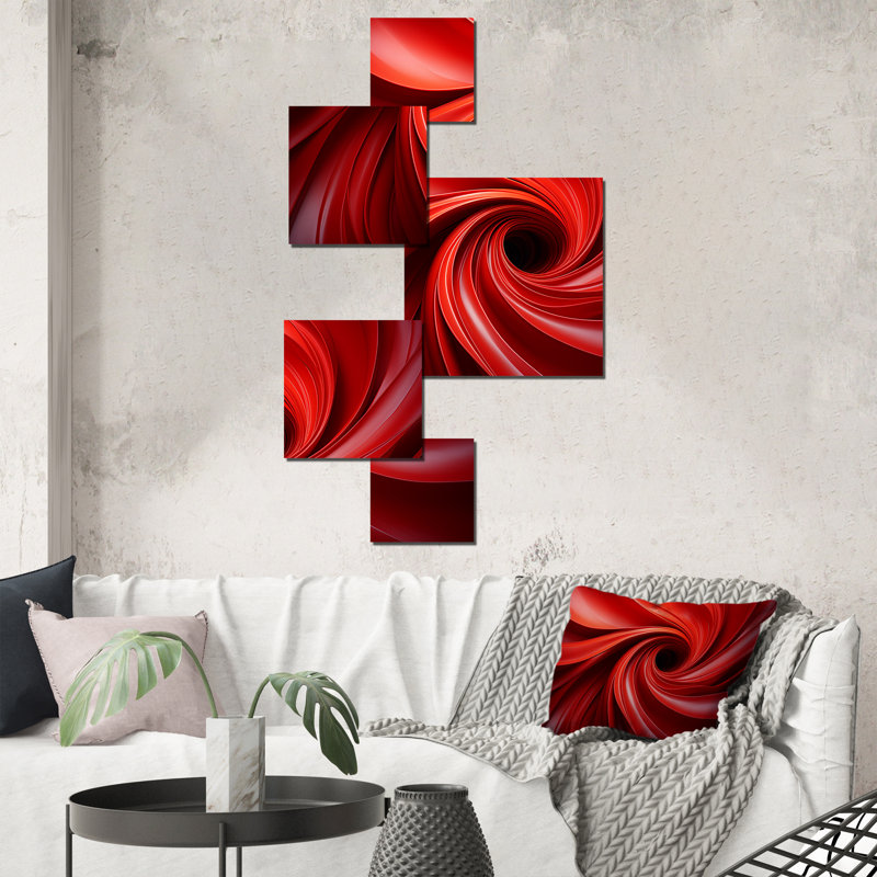 «Red Abstract Spiral Dreamscape IV», ensemble d'art mural carré à spirales abstraites de 5