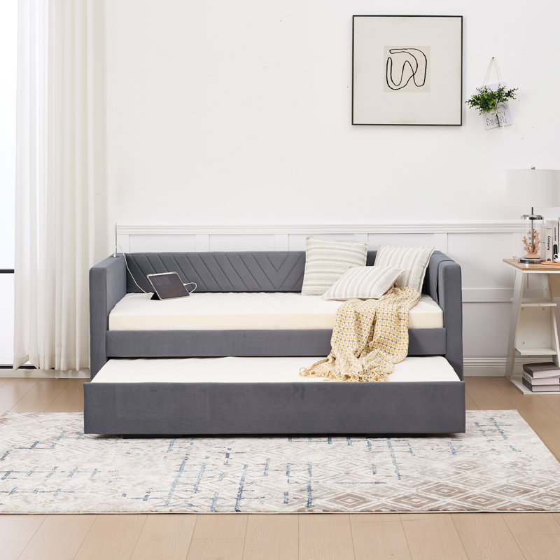 Lit de jour simple rembourré avec lit gigogne, port USB, poches latérales, dossier à profil en V moderne, aucun sommier nécessaire, pour chambre à coucher, chambre d'amis (beige, simple)